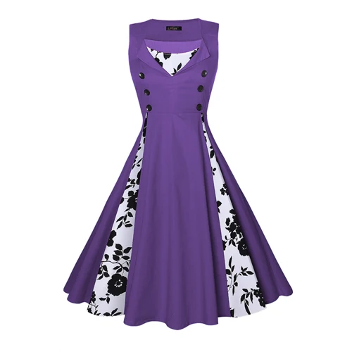 MISSJOY/одежда на булавке в ретро стиле; винтажные платья трапециевидной формы в клетку с цветочным принтом 50 s; Vestidos verano ; платье без рукавов с v-образным вырезом - Цвет: Purple Flower