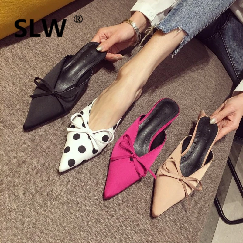 

Pointed Toe Women's Slippers 2019 Med Thin Heels Butterfly-knot Slides New Cover Sliders Fabric Scandals PU Basic Rubber Cotton