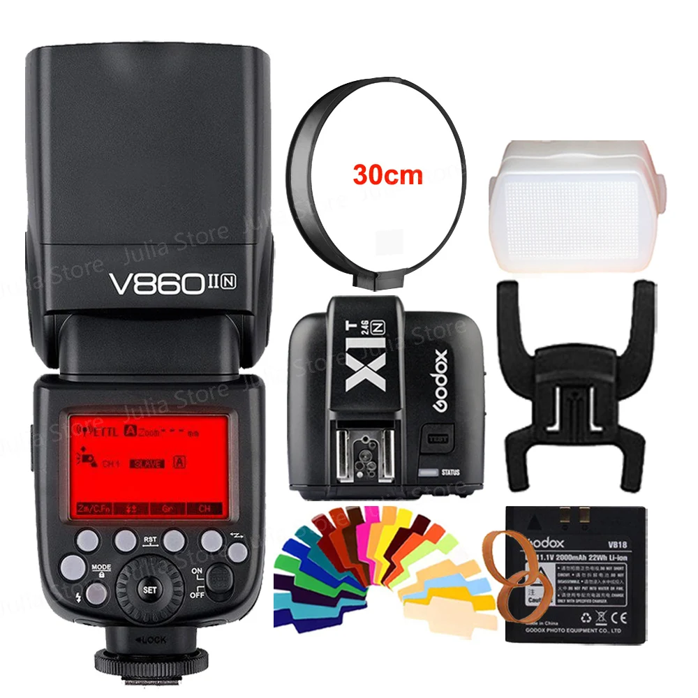 

Godox V860II V860II-N GN60 i-TTL HSS 1/8000s Speedlite Flash w/ Li-ion Battery + X1T-N Flash Transmitter for Nikon + Gift Kit