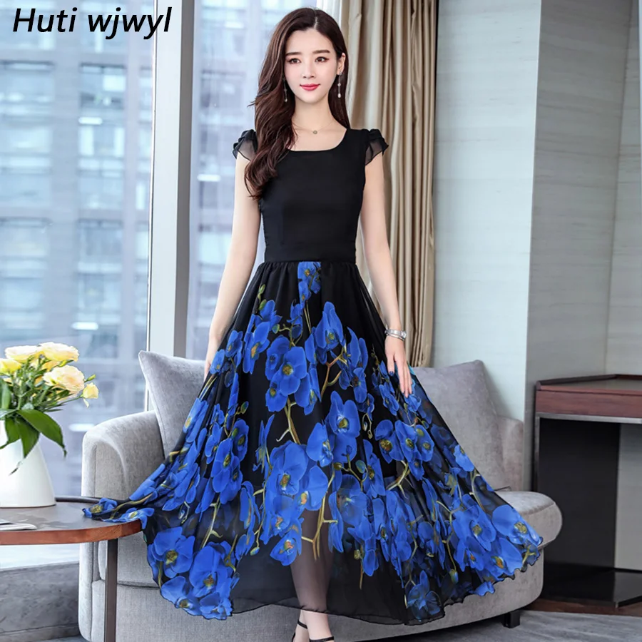 Summer Plus Size Beach Vacation Maxi Sundress 2019 Vintage Floral Chiffon Boho Midi Dresses 