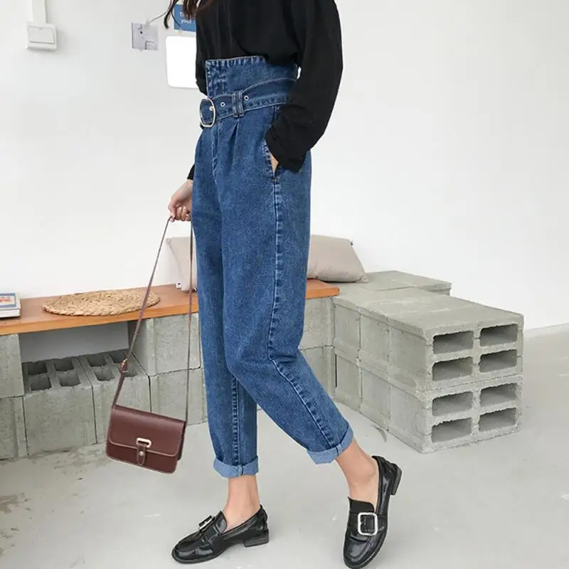Новые женские Высокая Талия Drawsting модные Повседневное джинсовые свободные укороченные нерегулярные джинсы штаны-шаровары синий