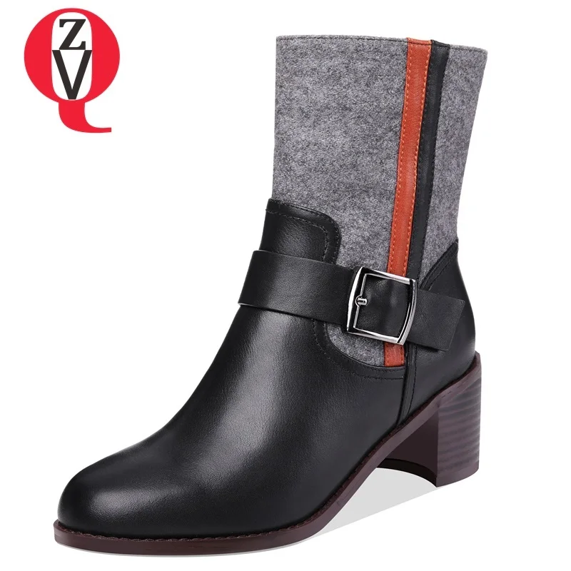 

ZVQ 2018 hot sale new concise casual genuine leather med hoof heels zip round toe shoes women winter outside warm mid calf boots