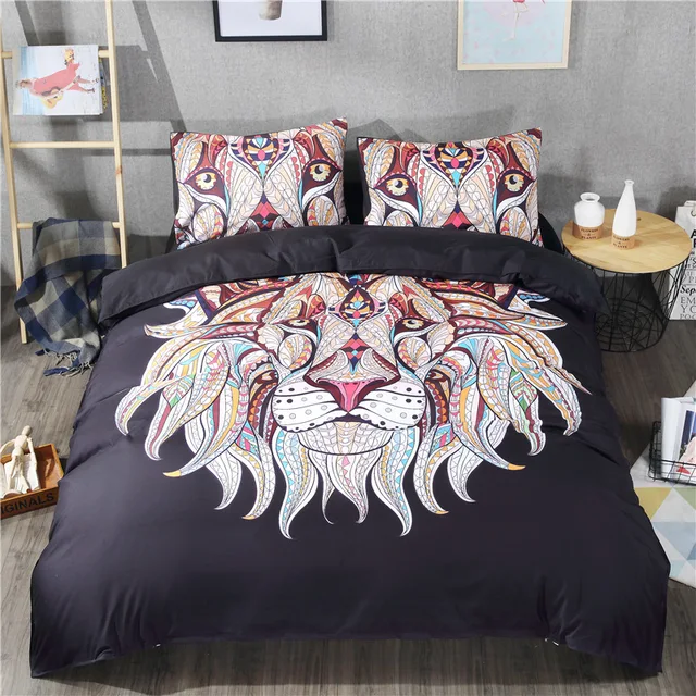 Wongsbedding Colorful Lion Bedding Set Cartoon Black Duvet Cover Wongsbedding Colorful Lion Bedding Set Cartoon Black Duvet Cover Double Queen King Size 3pcs Beddings