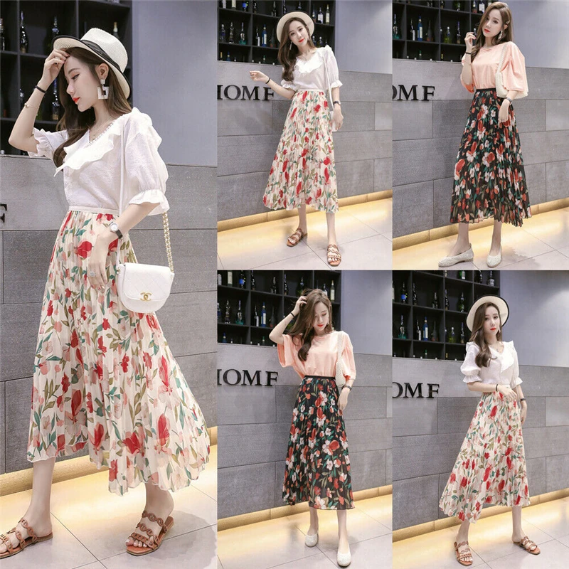 С цветочным принтом женские летние Высокая Талия юбки Для женщин Летнее Boho одинокий макси юбки в складку Женская Повседневная Свободная Солнечный юбки