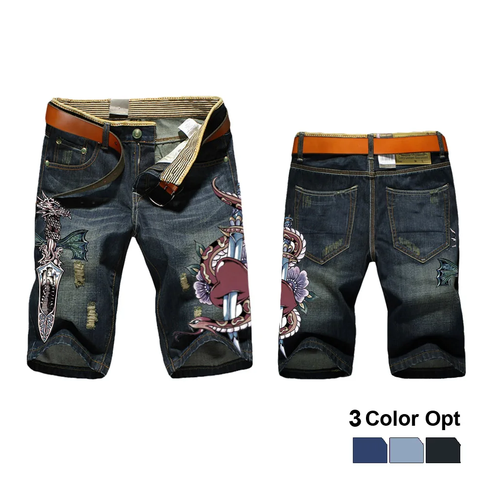 

Men Boy Short Jeans Skinny Hole Ripped Retro Destroy Denim Straigh Trousers Print Design Beach Hip Hop Skate Pants Sea Dragon