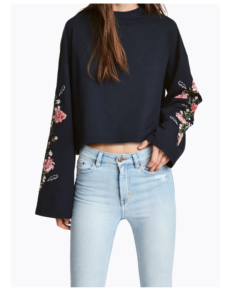 Autumn Fashion Casual Women s Flower embroidery Loose O neck Hoodies