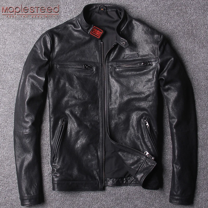 

MAPLESTEED Tanned Leather Jacket Men Natural Goatskin Coat Slim Fit Black Casual Boy's Leather Clothing Overcoat Spring M120