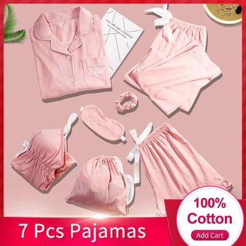 

7 Pcs/Set Cotton Pajamas 7 Pieces Women Pyjama Set Sleep Clothes Sleepwear Suit for Lady Negligee Nightwear 100% Cotton Pajamas