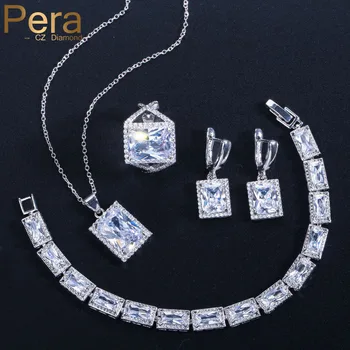 

Pera Fashion Anniversary Party Jewelry Big Square Shape Cubic Zirconia Pendant Necklace Earring Bracelet Ring Set For Women J122