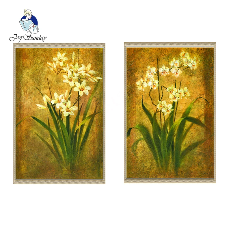 

JOY SUNDAY 5D DIY diamond painting yellow background green leaves small flower flower diamond embroidery cross stitch inlaid 8