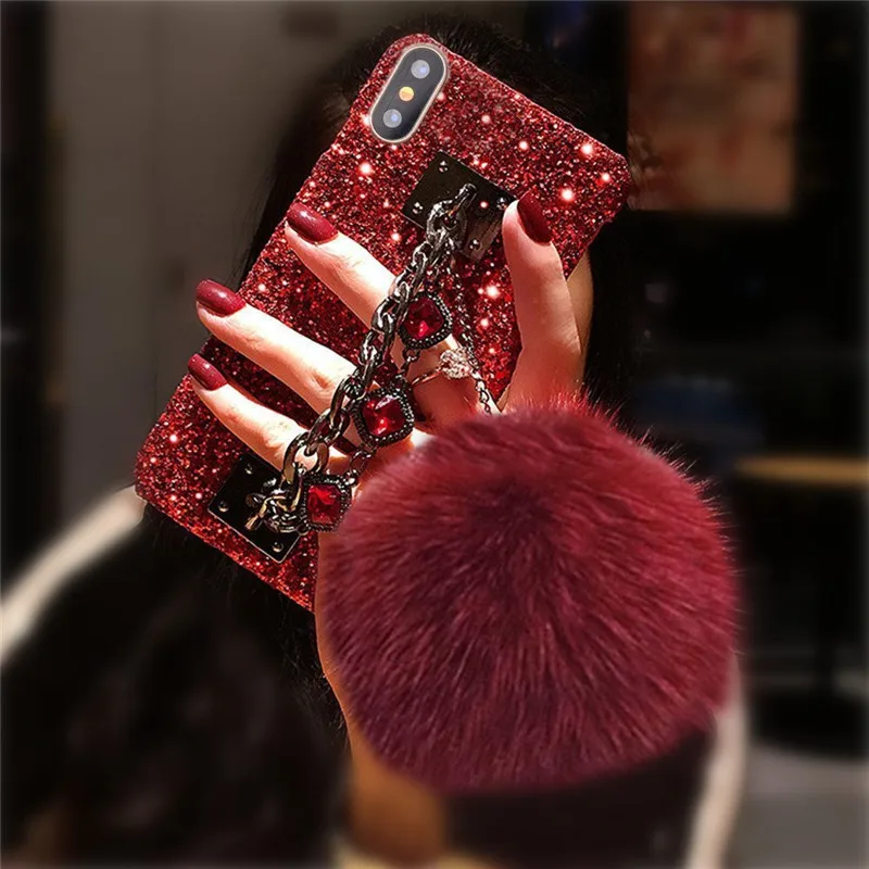 

1Pcs Bling Case For iphone 6 6s 7 8 8Plus Gemstone Metal Chain Holder Rhinestone Crystals Fox Fur Ball Phone case For iphone X
