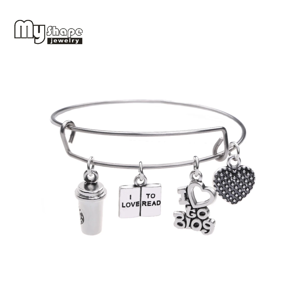 

my shape Coffee Cup Bracelet I Love to Blog and Read Charms Stainless Steel Expandable Wire Bangle Handmade DIY Jewelry Gift