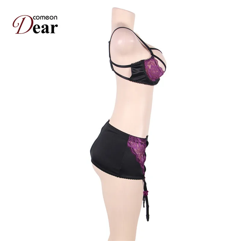 Comeondear Bielizna Damska Komplety K80418 Purple And Black 3 Pcs Open Bust Bra Set With Bra Rim Hot Sexy Intimates Lingerie Set