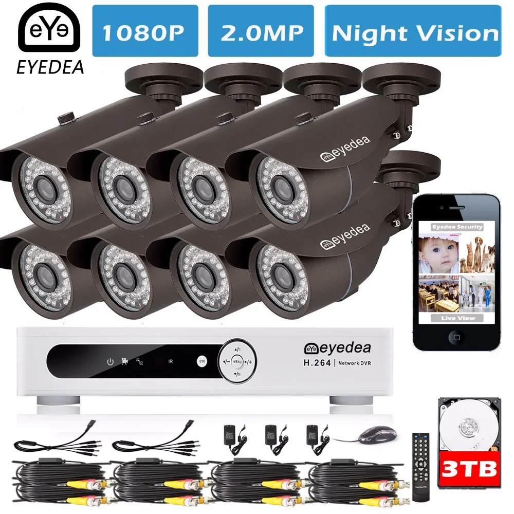 

Eyedea 8 CH Phone View Email Alarm Video DVR 1080P Bullet Outdoor LED Night Vision Surveillance CCTV Security Camera System 3TB