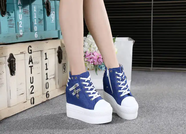 Fashion Autumn High Heel Casual Shoes Canvas Women Shoes Lace-Up Breathable Women Sneakers Zipper Platform Ladies Shoes Women