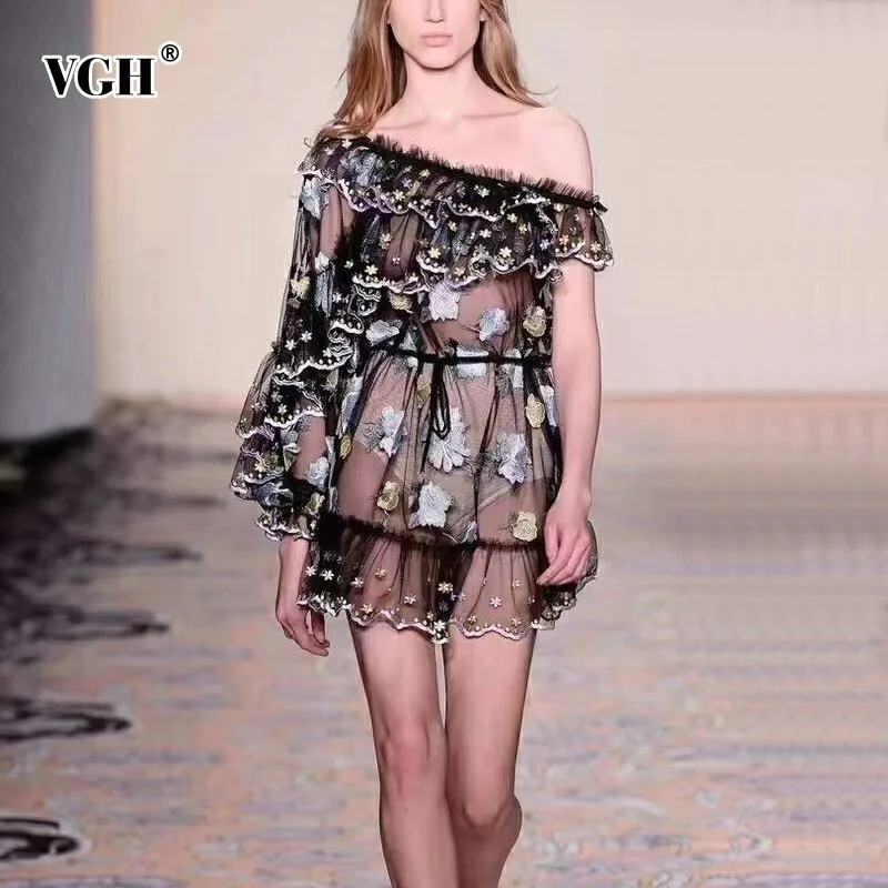 

VGH Summer Sexy Embroidery Perspective Women's Dress Off Shoulder Lantern Sleeve Ruffles A Line Mini Dresses Female New 2019