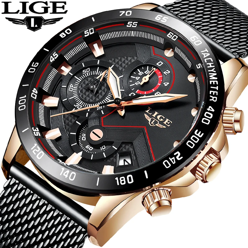 Relogio Masculino LIGE Mens Watches Stainless Steel Grid Quartz Watch Men's Multifunction Chronograph Date Display Sport Clock