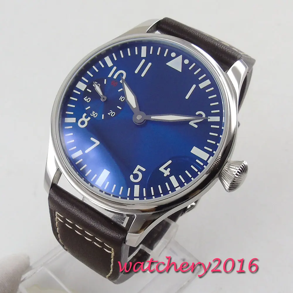 

44mm PARNIS Blue Dial Stainless steel Case 17 Jewels 6497 Hand Winding Movement men's Watch