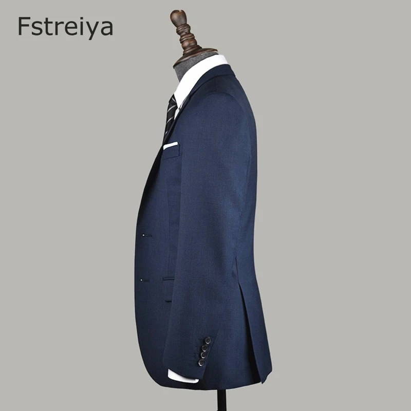Customized mens Wool clothing Tailored Mens groom wedding lepel slim fit suit Custom Made mens blue suits with pants 3 pieces 