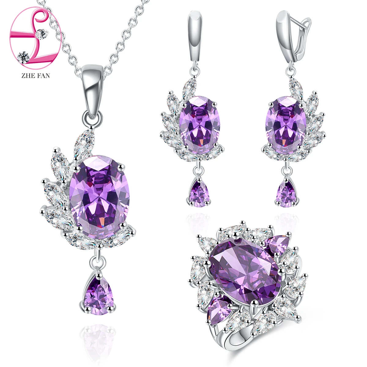

ZHE FAN Wedding Jewelry Sets Water Drop AAA Cubic Zirconia Set Colorful Leaf 3 PCS Necklace Drop Earrings Ring Size 6 7 8 9