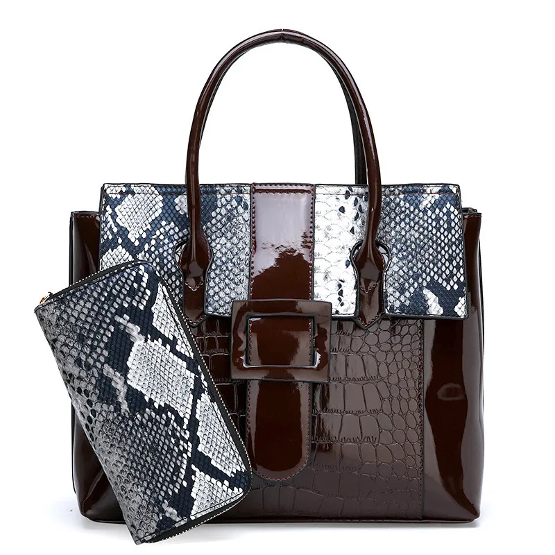 Роскошные сумки женские дизайнерские сумки из лакированной кожи Змеиный Топ-ручка сумки для женщин Пряжка через плечо Сумочка набор - Цвет: Brown Set