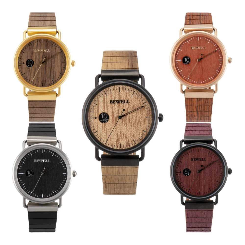 Bewell Wood Watch Leather wooden Strap Men Women Fashion Quartz  Wrist Watches images - 6