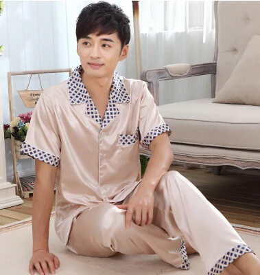 Тонкие мужские шелковые пижамы мужские с коротким рукавом Летний пуловер Плюс Размер бренд пижамы - Цвет: as picture