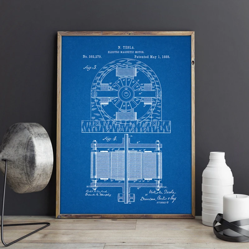 For Tesla Electro Motor Patent Poster Prints