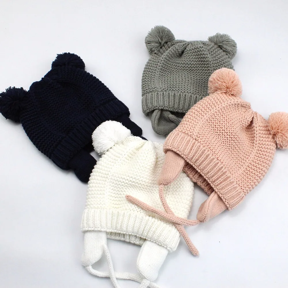 Baby hand knitted pink bonnet new fleece soft fur hat with ears teddy bear prop