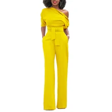 Jumpsuit Women's Jumpsuit Solid Color Oblique Collar Button Piece Wide leg Pants Casual Belt Women's Jumpsuit bardot frill trim wide leg jumpsuit