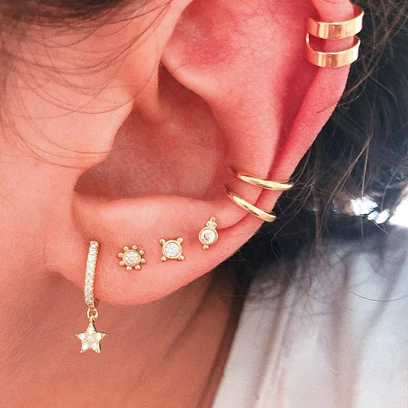 

5 Pcs/ Set Female Exquisite Pentagram Star Sun Flower Round Gold Pendant Earrings Set Fashion Shiny Crystal Party Earrings