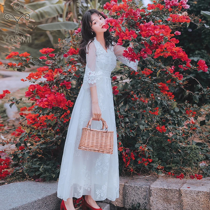 

YOSIMI 2019 Summer Maxi Lace Long Women Dress V-nek Backless Evening Party Fairy Ankle-length White Lace Female Vestidos Black