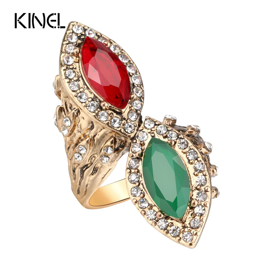 Kinel Vintage Red&Green Stone Rings For Women Antique Gold Crystal Engagement Ring Finger Party Accessories Turkish Jewelry