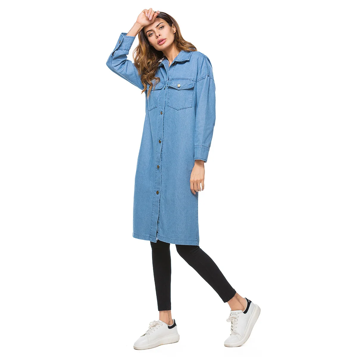 pu Femelle Tranchée Hiver Taille Manches Tops Lâche Longue Manteau long Une Ciel Bleu Salopette Automne Occasionnel Bleu 2018 Femmes X Denim qHwCWP