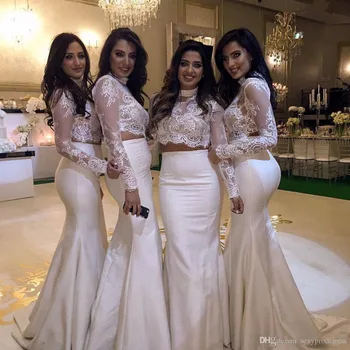 

Lace Satin Two Pieces Bridesmaid Dresses 2017 Sheer Long Sleeves Chiffon Mermaid Maid Of Honor Gowns Wedding Guest Dress