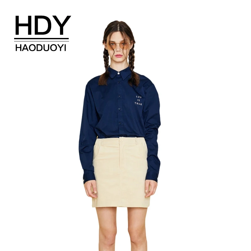 

HDY Haoduoyi Brand Women Deep Blue Casual Shirts Letter Embroidery Long Sleeve Preppy Style Basic Chic Elegant Blouses Lady