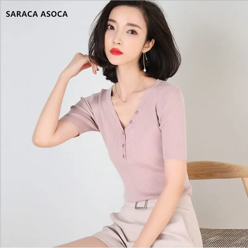

Spring Summer Short Sleeve Button V-Neck Casual Short Sweater Overcoat Women Knitting Pullovers Student Girls