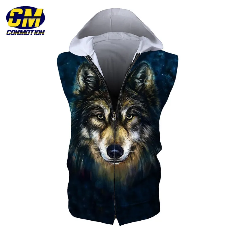 

Men's Fashion Cardigan Jacket 3D Oil Painting Wolf Print Sleeveless Zip Hooded Sweatshirt Casual Streetwear EUR SIZE
