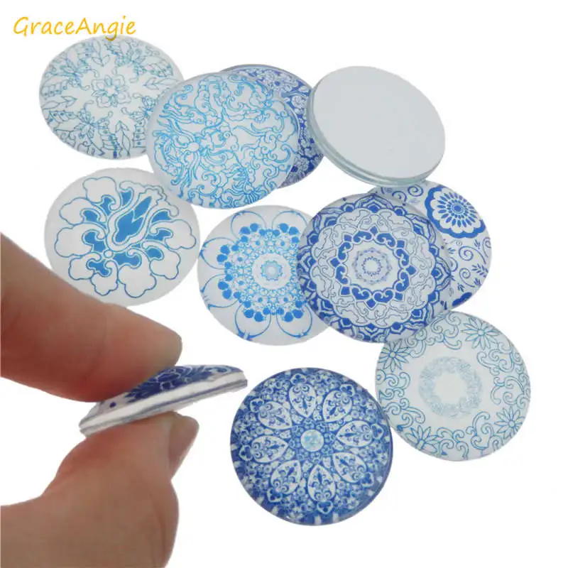 

GraceAngie 20pcs Blue White Porcelain Easter Egg Pattern Cabochon Flatback Mixed Round Glass Cameo Cover Pendant Components