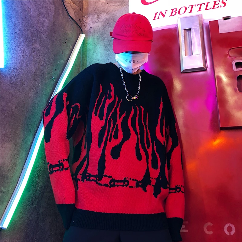 Online 2019 große größe lose Herbst Winter Harajuku Flamme Stricken Fledermaus Ärmel Pullover Pullover Männer Frauen Flut Oberbekleidung aa897