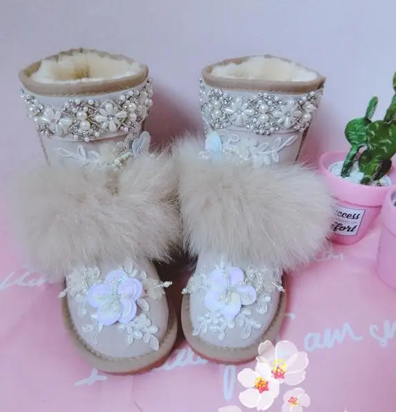 

New products snow boots leather fox fur thickening leather increased cotton boots handmade lace rhinestone sequins flowers