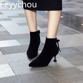 

Women Boots Autumn Winter High Heel Warm Flock Zip Ankle Butterfly-knot Chelsea Shoes 2018 Sexy New Fashion Black Size 34-43