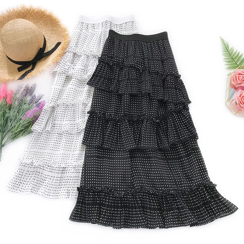 

Wasteheart Spring Women Fashion Black Skirt Women High Waist Ruffles Ankle Length Long Skirt Chiffon Dots Asymmetrical Vintage