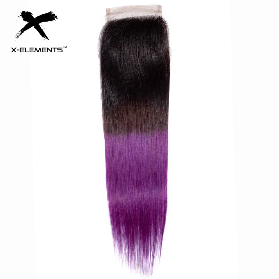 X-Elements Ombre Peruvian Straight Hair Bundles With Closure 3 Pcs with Closure T1B Purple Ombre Human Hair Weave With Closure  (7)