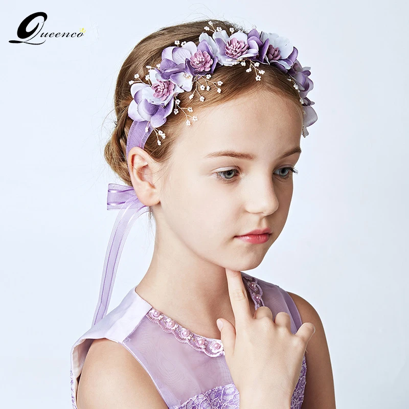 

Handmade Tiara Purple Flower Headband Wedding Hair Accessories For Girls Women Pearls Bridal Hair Ornament Party Style