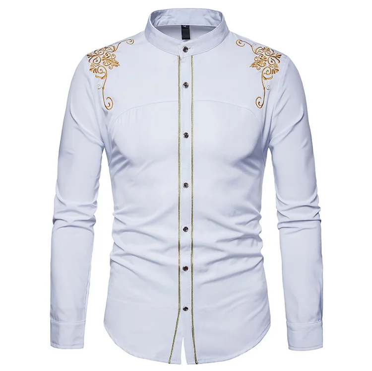 Для мужчин рубашка сплошной Для мужчин s Бизнес Повседневное рубашки Для мужчин брендовая одежда с длинным рукавом Тонкий стоячим воротником рубашка с вышивкой Для мужчин - Цвет: Белый
