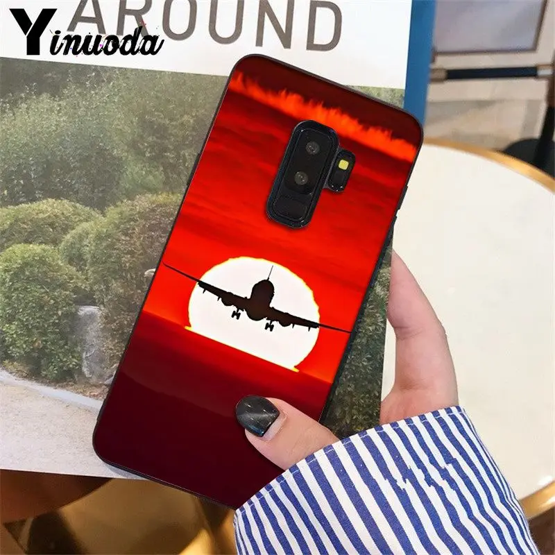 Airplane travel in the sunset