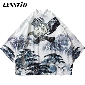 

LENSTID Hip Hop Men Streetwear Jacket Chinese Paint Eagle Tree Printed 2019 Harajuku Kimono Jacket Summer Thin Gown Japan Style
