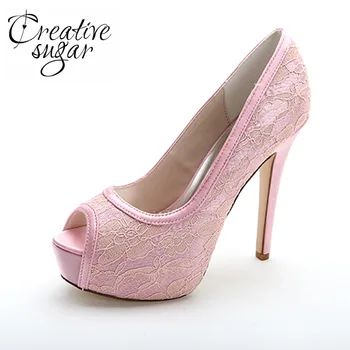 

Creativesugar lace platform high heel pink white blue open toe woman pumps bridal wedding party cocktail homecoming dress shoe