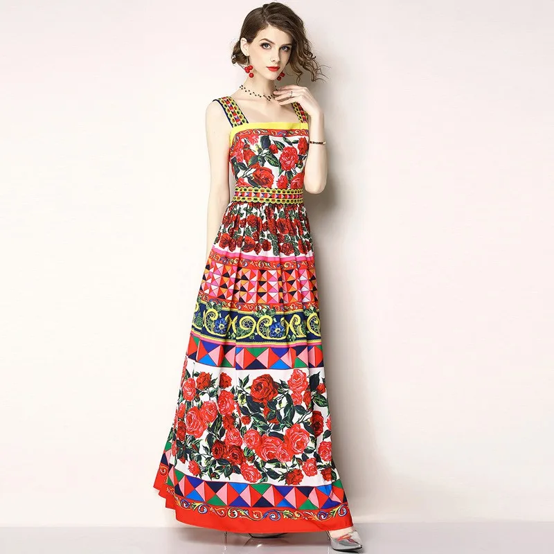 

2018 Runway Maxi Dress Summer Cute Women Luxury Rose Floral Print Spaghetti Strap Dresses Party Long Vestidos Robe Femme